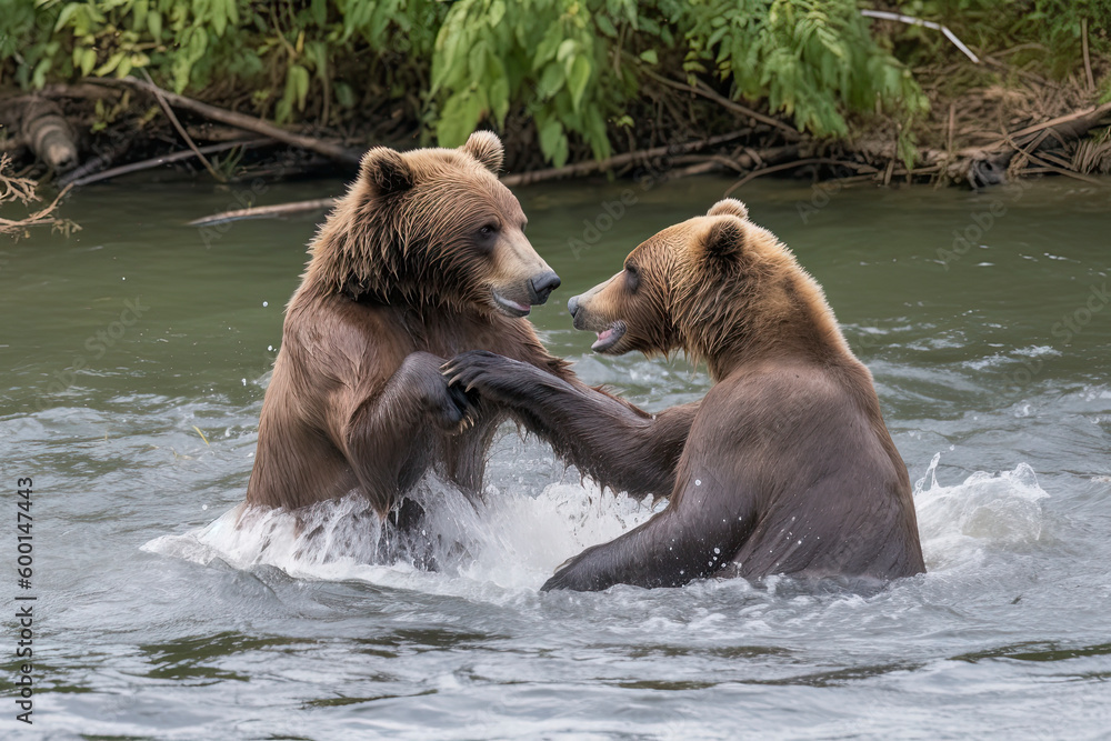 Fototapeta premium A pair of young Brown Bears fight in the middle of a river in Alaska.