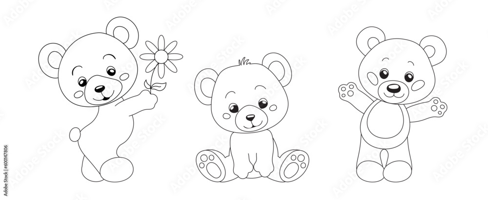 Hand-drawn cute teddy bears for coloring book cartoon.  Vector illustration isolated design element. Black and white outline image. 