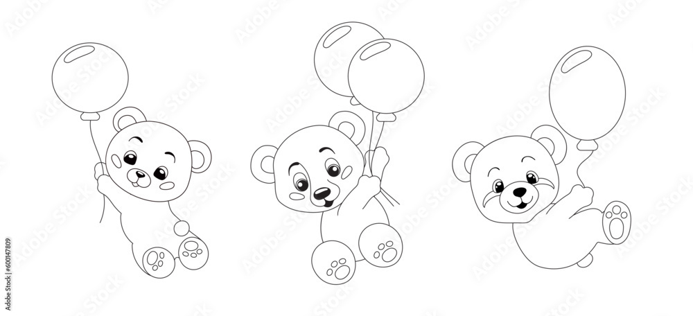 Hand-drawn cute teddy bears with balloons for coloring book cartoon.  Vector illustration isolated design element. Black and white outline image. 