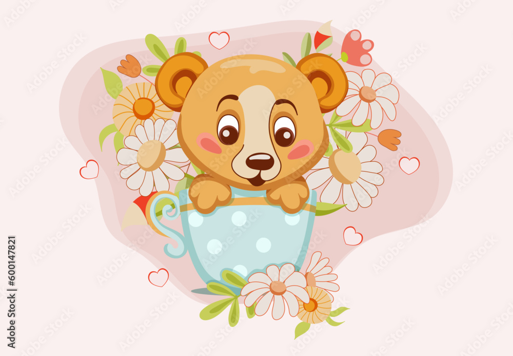 Cute bear cub in a blue cup with flowers and hearts, cartoon style. Decorative design element for greeting card, mother's day, birthday, valentine's day, children's holiday. Vector illustration. Cute bear cub in a blue cup with flowers and hearts, cartoon style. Decorative design element for greeting card, mother's day, birthday, valentine's day, children's holiday. Vector illustration.