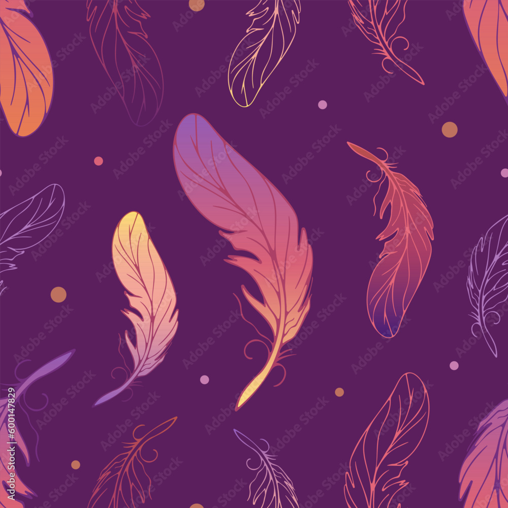 Feathers seamless bright gradient pattern in modern style. Color spots in neon colors. Tribal theme, 90s, hippie, psychedelic, dream catchers, boho chic. For wallpaper, fabric, background. Feathers seamless bright gradient pattern in modern style. Color spots in neon colors. Tribal theme, 90s, hippie, psychedelic, dream catchers, boho chic. For wallpaper, fabric, background.