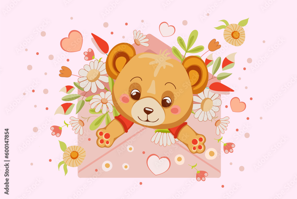 painted cartoon cute bear in pink envelope with flowers and hearts. Isolated greeting design element for card, mother's day, birthday, valentine's, baby shower. Victor illustration painted cartoon cute bear in pink envelope with flowers and hearts. Isolated greeting design element for card, mother's day, birthday, valentine's, baby shower. Victor illustration