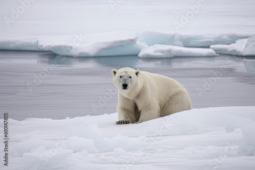 Adult male polar bear sits at the edge of the fast ice in Svalbard