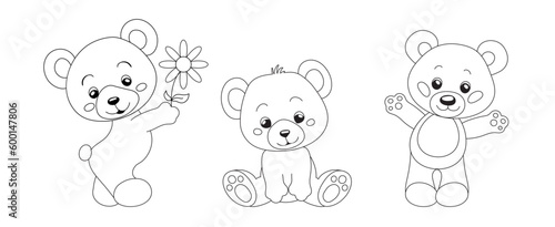 Hand-drawn cute teddy bears for coloring book cartoon.  Vector illustration isolated design element. Black and white outline image. 