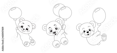 Hand-drawn cute teddy bears with balloons for coloring book cartoon.  Vector illustration isolated design element. Black and white outline image. 