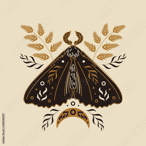 Moth, phases of the moon and stars, wormwood and fern. Vector illustration in scandinavian folk style. Halloween, magic, witchcraft, astrology, mysticism. For logo, posters, cards, banner, tattoo