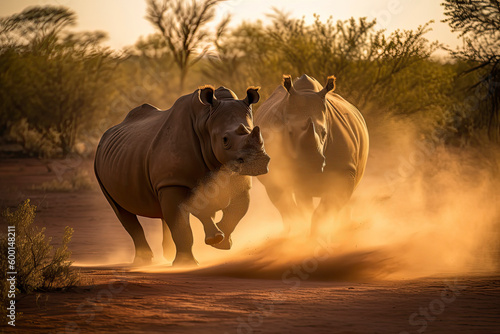 An action photograph of two female black rhinos charging at the game vehicle