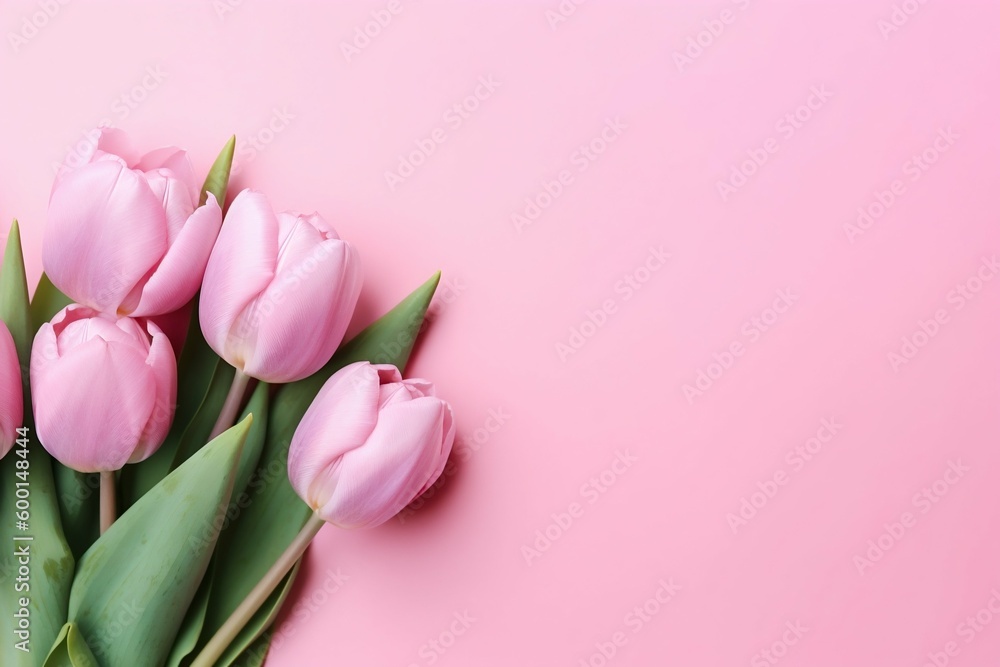 Spring Tulip Flowers on Pink Background, Top View in Flat Lay Style. Generative ai Spring Tulip Flowers on Pink Background, Top View in Flat Lay Style. Generative ai