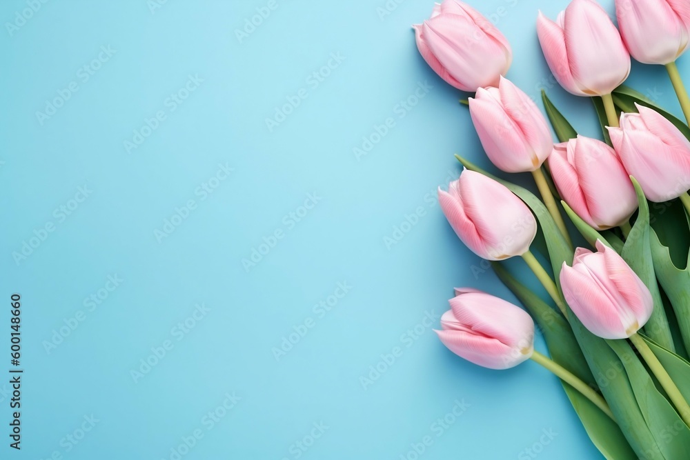 Spring Tulip Flowers on Blue Background, Top View in Flat Lay Style. Generative ai Spring Tulip Flowers on Blue Background, Top View in Flat Lay Style. Generative ai