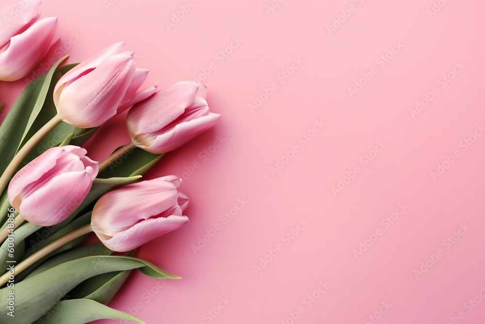 Spring Tulip Flowers on Pink Background, Top View in Flat Lay Style. Generative ai Spring Tulip Flowers on Pink Background, Top View in Flat Lay Style. Generative ai