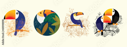 Set of Cartoon bird with landscape background vector illustration.
