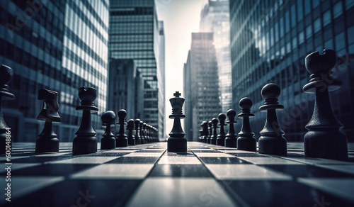 business chess king on the board standing in front of buildings