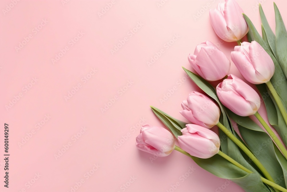 Naklejka premium Spring Tulip Flowers on Pink Background, Top View in Flat Lay Style. Generative ai