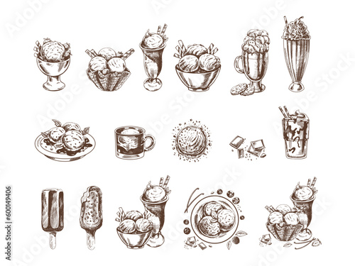 Big hand-drawn sketch of ice cream or frozen yoghurt, milkshakes, ice cream on a stick, cupcakes, cookies. Vintage illustration. Set. Element for the design of labels, packaging and postcards.
