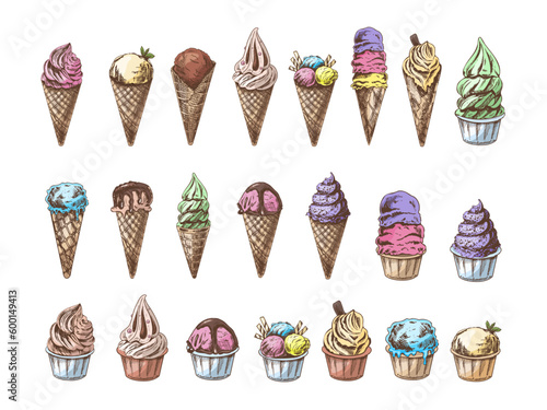 Big hand-drawn colored sketch of ice cream or frozen yoghurt in cups and cones, cupcakes. Vintage illustration. Set. Element for the design of labels, packaging and postcards.