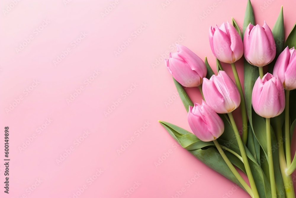 Spring Tulip Flowers on Pink Background, Top View in Flat Lay Style. Generative ai Spring Tulip Flowers on Pink Background, Top View in Flat Lay Style. Generative ai