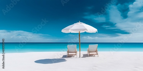 Chairs and Umbrella on Summer Beach Panorama Background. Generative ai