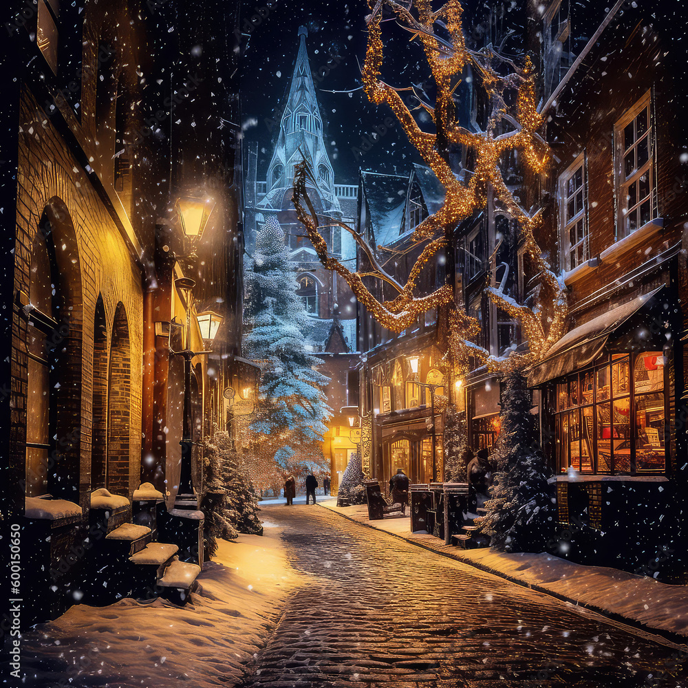 christmas tree in the town, snowfall, people walking on the street, generative ai