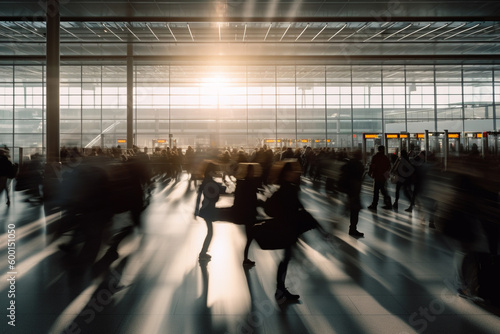 Blurred crowd people walk through glass building of business center or airport. AI Generative