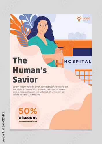 Human Savior Nurse Landing Brochure Template suitable for hospital advertising design, template and illustration