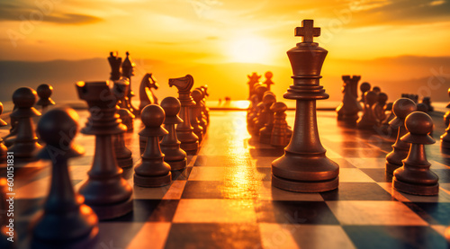 a chess pieces playing while the sun is setting