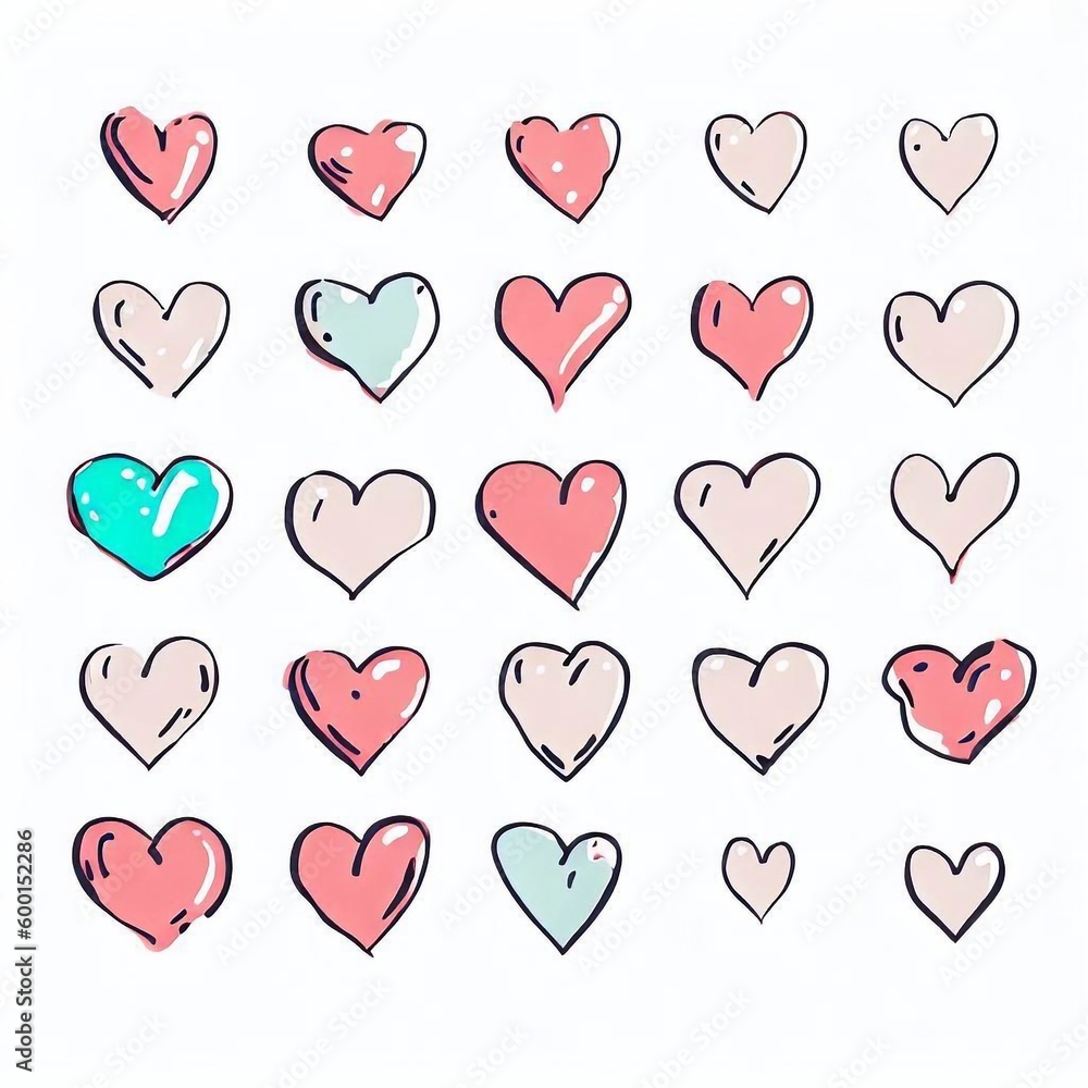 A collection of hand-drawn heart icons set against a white background
