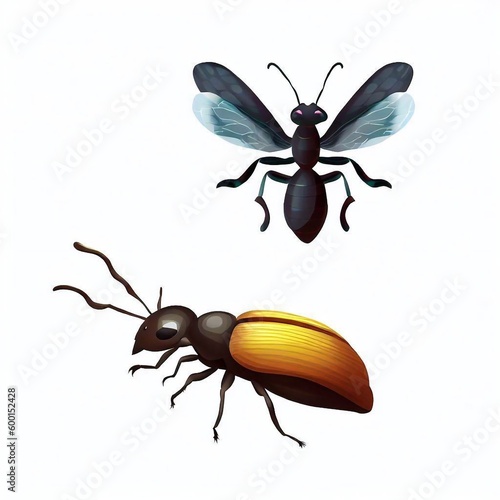 A flying bee, which is an insect and can be classified as a beetle, bug, or ant photo