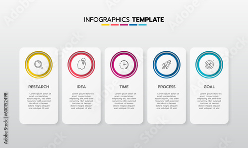Business infographic template process with simple geometry square, rectangle, circle, triangle, curves in flat design template with thin line icons and 5 options or steps. Vector illustration.