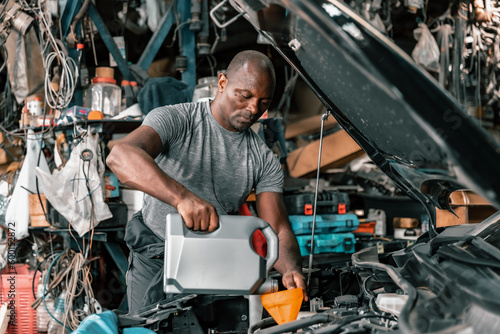 Auto mechanic diagnose and troubleshoots with tools and equipment. Polishing car, fixing braking and steering systems. Measuring oil levels with oil gauge stick and then pouring or changing it.