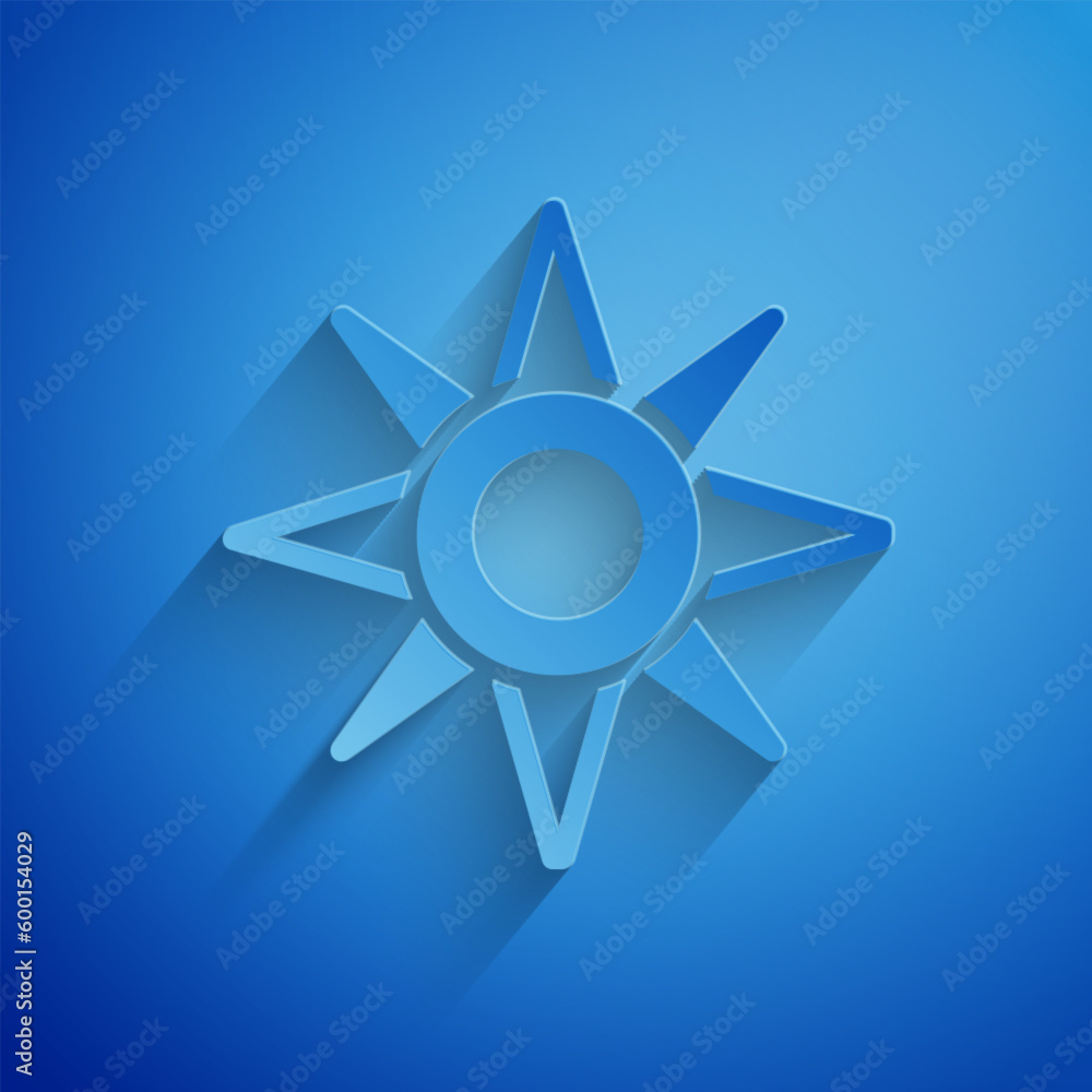 Paper cut Wind rose icon isolated on blue background. Compass icon for travel. Navigation design. Paper art style. Vector Paper cut Wind rose icon isolated on blue background. Compass icon for travel. Navigation design. Paper art style. Vector