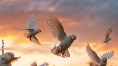 A flock of cockatoos taking flight in the evening sky