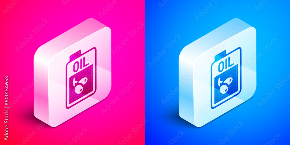 Isometric Bottle of olive oil icon isolated on pink and blue background. Jug with olive oil icon. Silver square button. Vector Isometric Bottle of olive oil icon isolated on pink and blue background. Jug with olive oil icon. Silver square button. Vector