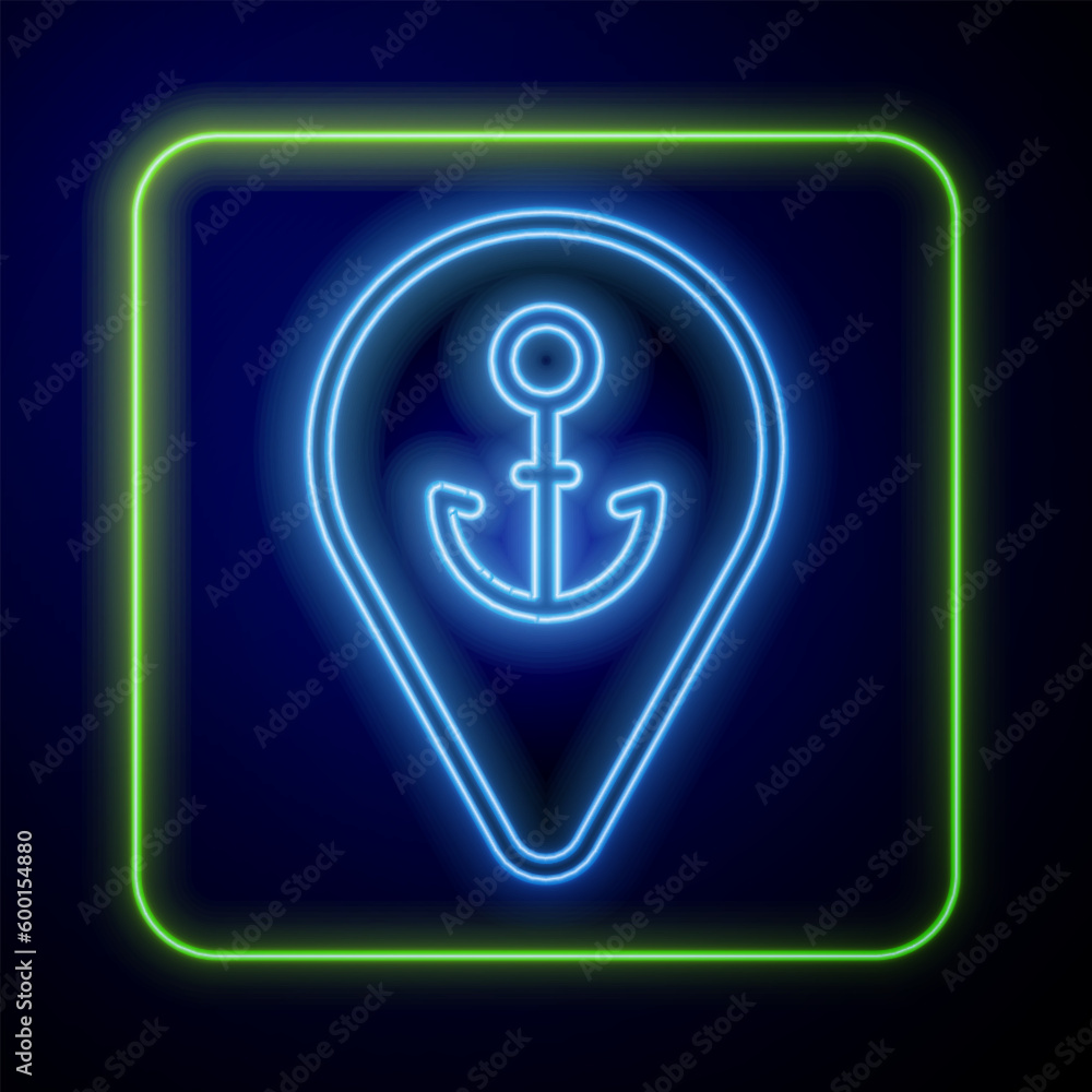 Glowing neon Map pointer with anchor icon isolated on blue background. Vector Glowing neon Map pointer with anchor icon isolated on blue background. Vector