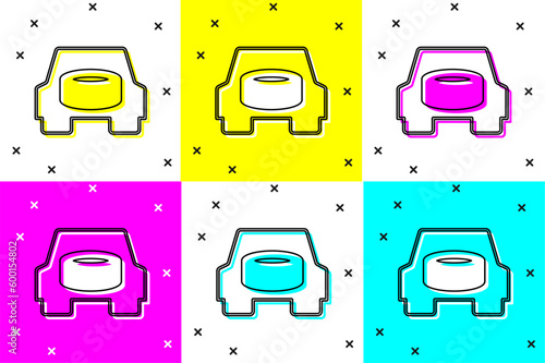Set Spare wheel in the car icon isolated on color background. Process of replacing the wheel. Storage location of the spare wheel in the trunk. Vector