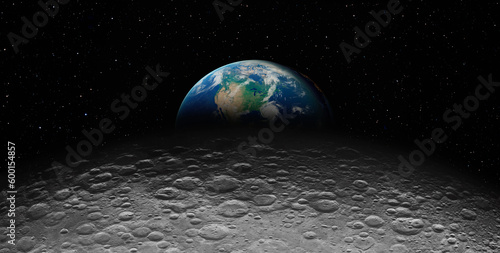 Fototapeta Naklejka Na Ścianę i Meble -  The dark side of the Moon with The Earth as Seen from the Surface of the Moon 