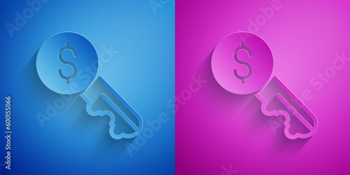 Paper cut Rent key icon isolated on blue and purple background. The concept of the house turnkey. Paper art style. Vector