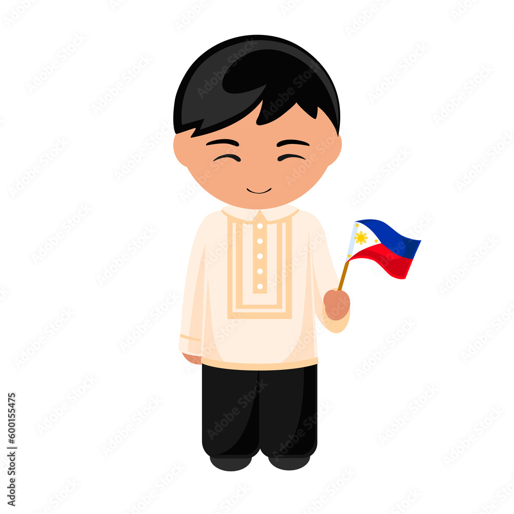 Man in Philippines national costume. Male cartoon character in traditional philippine ethnic clothes holding flag. Flat isolated illustration. Man in Philippines national costume. Male cartoon character in traditional philippine ethnic clothes holding flag. Flat isolated illustration.
