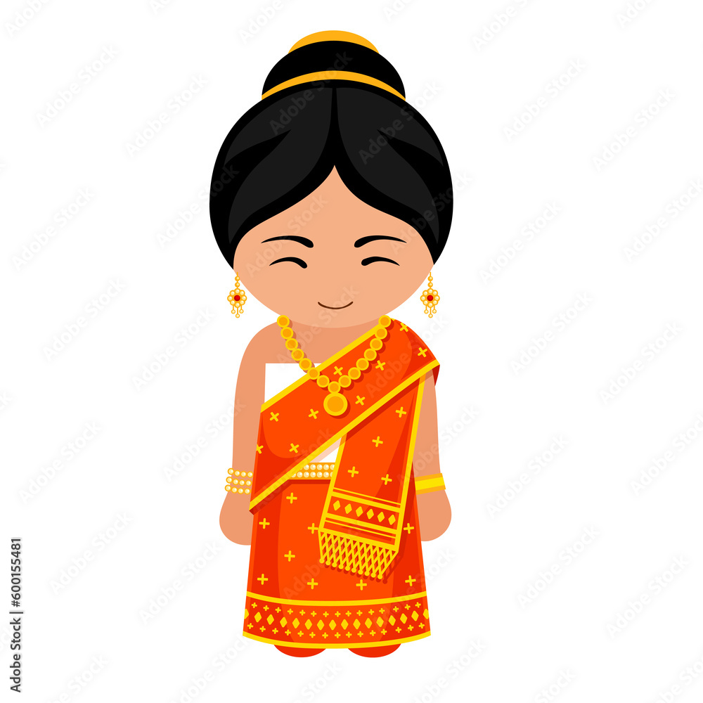 Woman in Laos national costume. Female cartoon character in traditional laotian ethnic clothes. Flat isolated illustration. Woman in Laos national costume. Female cartoon character in traditional laotian ethnic clothes. Flat isolated illustration.