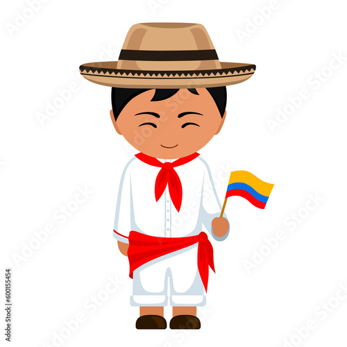 Man in Colombia national costume. Male cartoon character in traditional ethnic colombian clothes holding flag. Flat isolated illustration.
