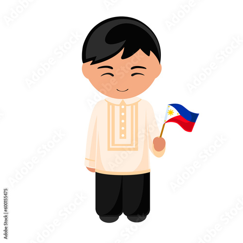 Man in Philippines national costume. Male cartoon character in traditional philippine ethnic clothes holding flag. Flat isolated illustration.