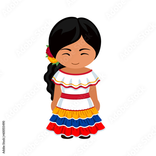 Woman in Venezuela national costume. Female cartoon character in traditional venezuelan ethnic clothes. Flat isolated illustration. 