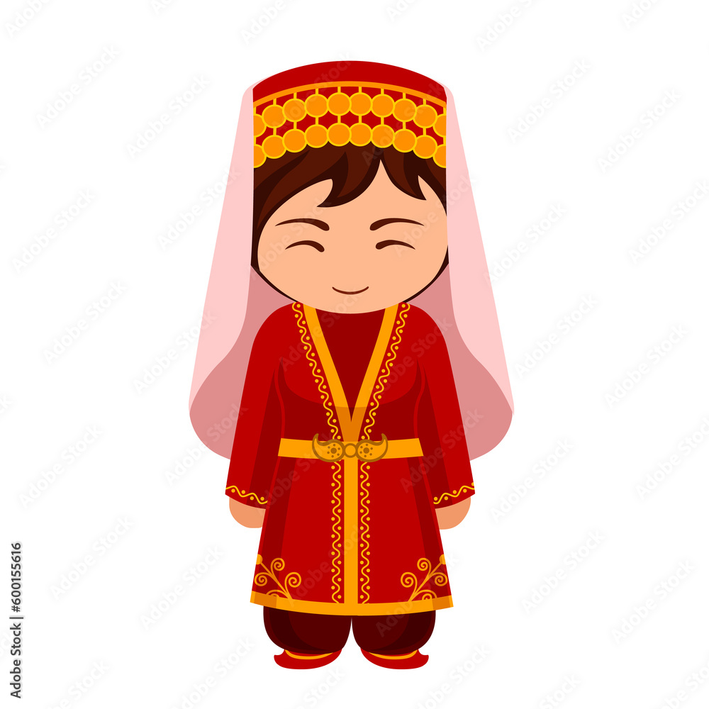 Woman in Türkiye national costume. Female cartoon character in turkish traditional ethnic clothes. Flat isolated illustration. 
