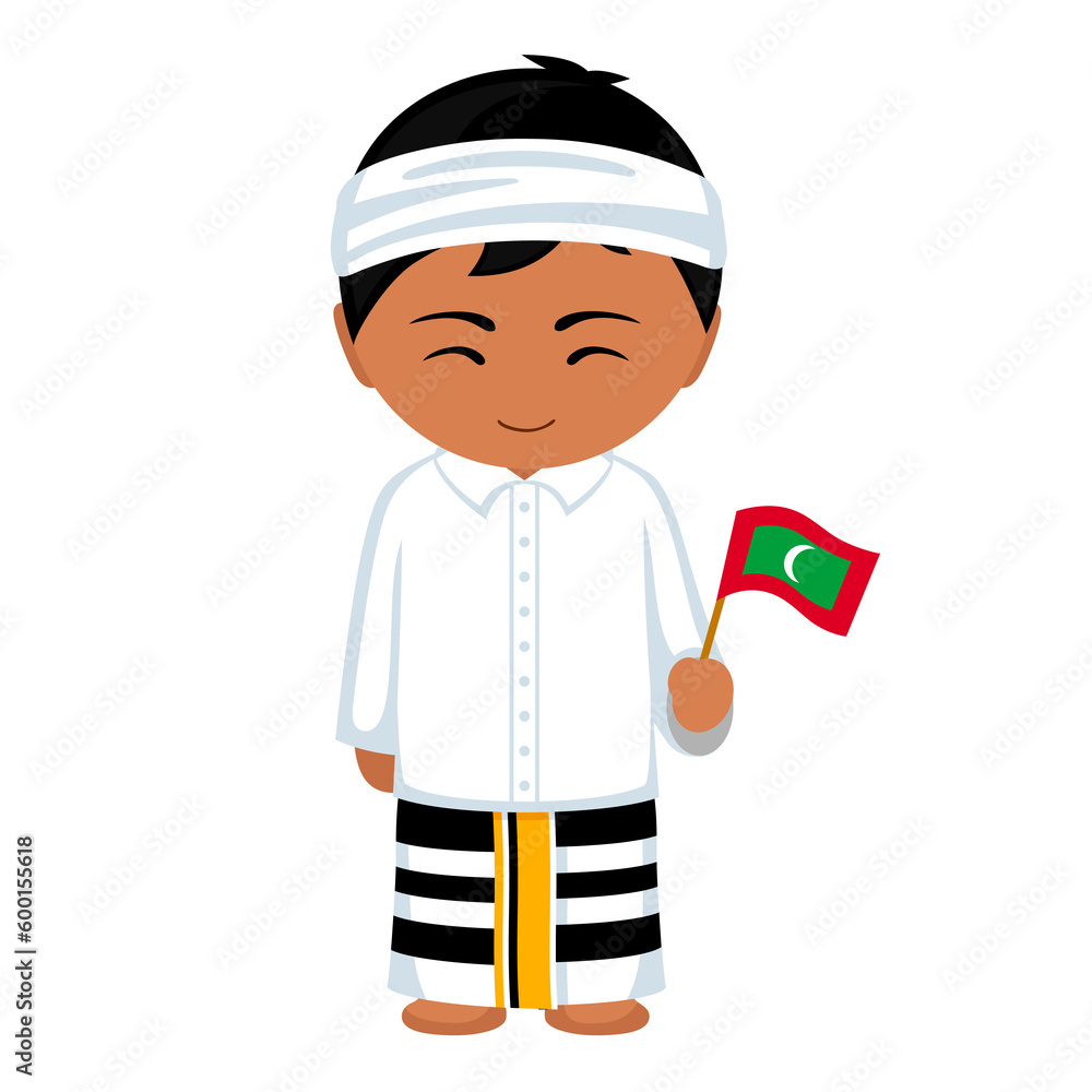 Man in Maldives national costume. Male cartoon character in traditional maldivian ethnic clothes holding flag. Flat isolated illustration.