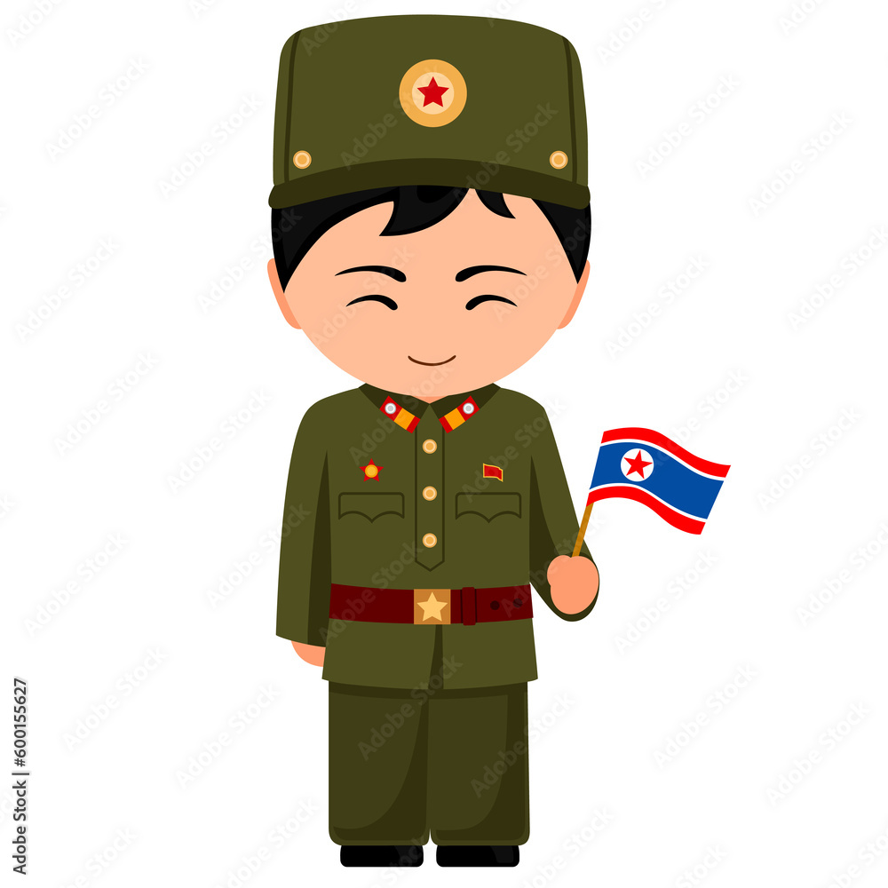 Man in military uniform. Male cartoon character in North Korea clothes holding flag. Flat isolated illustration. Man in military uniform. Male cartoon character in North Korea clothes holding flag. Flat isolated illustration.