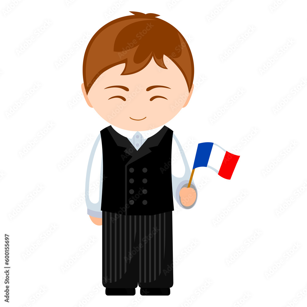 Man in France national costume. Male cartoon character in traditional french ethnic clothes holding flag. Flat isolated illustration. Man in France national costume. Male cartoon character in traditional french ethnic clothes holding flag. Flat isolated illustration.