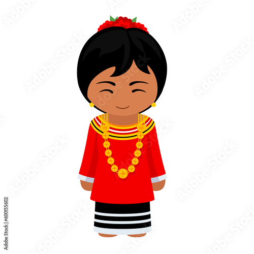 Woman in Maldives national costume. Female cartoon character in maldivian traditional ethnic clothes. Flat isolated illustration. 