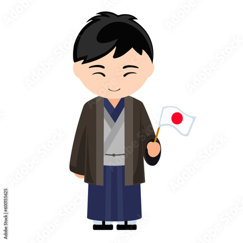 Man in Japan national costume. Male cartoon character in japanese traditional ethnic clothes holding flag. Flat isolated illustration.