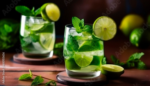 summer background with glasses of mojito and lime. High quality Generative AI
