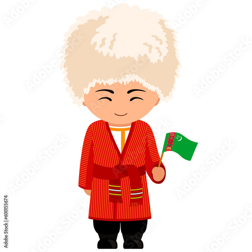 Man in Turkmenistan national costume. Male cartoon character in traditional turkmen ethnic clothes holding flag. Flat isolated illustration.
