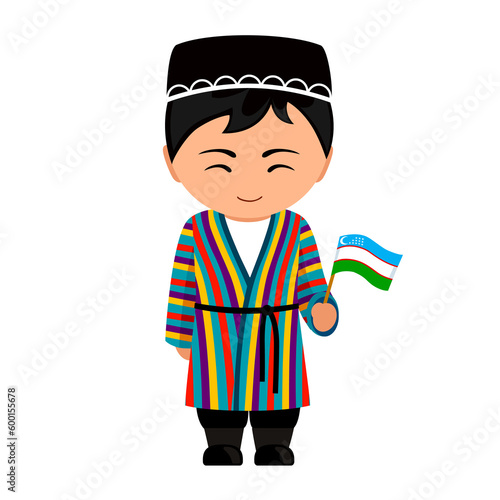 Man in Uzbekistan national costume. Male cartoon character in traditional uzbek ethnic clothes holding flag. Flat isolated illustration.